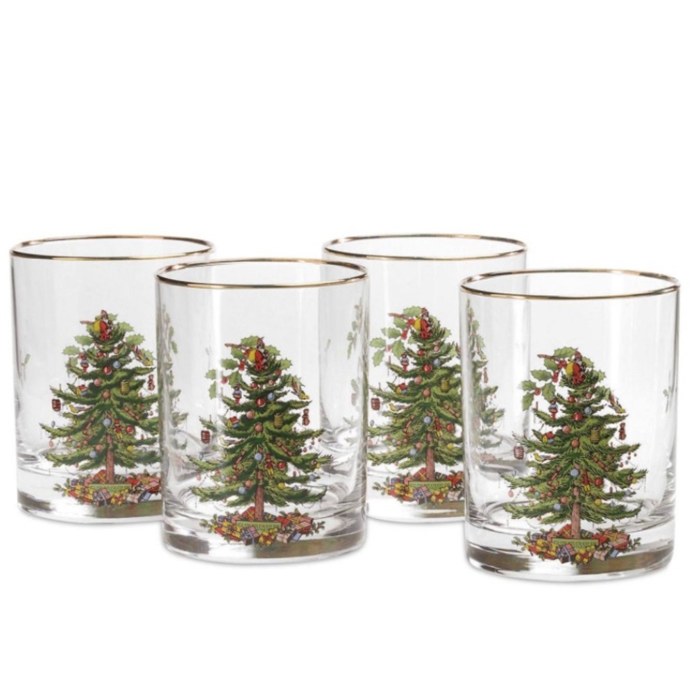 Spode Christmas Tree set of Four Double Old Fashioned Gold Rimmed Glasses.N.I.B.